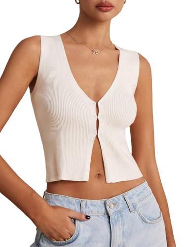 Image of SHENHE Women's Sleeveless Knitted V Neck Sweater Tank Split Hem Cropped Vest Cardigan Beige Small