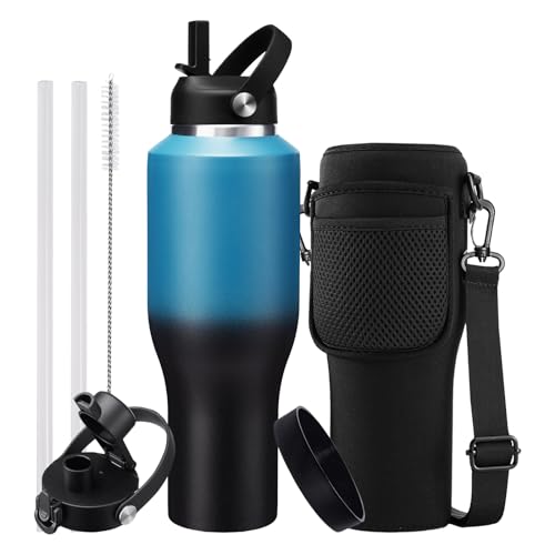 Image of Insulated Water-Bottle 40oz with Sleeve - Vacuum Metal Insulated Flask Water Bottle Fits in The Car, Bike, Treadmill, Stroller, Golf Cart Cup Holder, Travel Coffee Mug, Cold for 48 Hrs, Hot for 24 Hrs