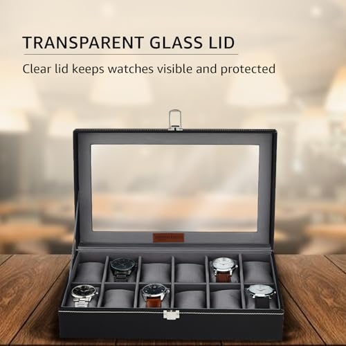 Image of Amazon Basics Unisex Faux Leather Watch Organiser Box with 12 Slots |Watch Organiser with Transparent Lid (Black)