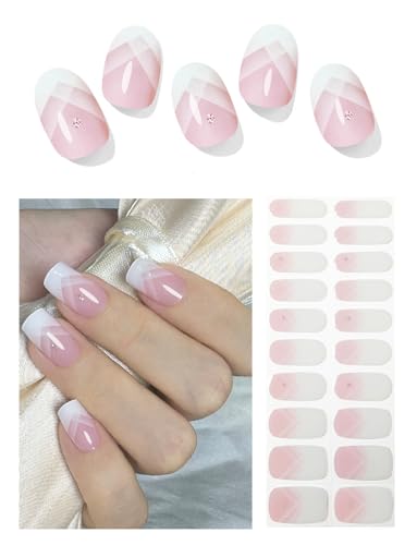 Wahrshei Semi Cured Gel Nail Strips 20pcs French Gradient Gel Nail Stickers Work with UV Easy to Use and Remove
