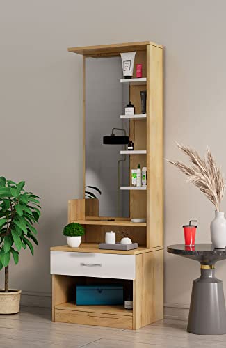 Image of Bniture Wooden Dressing Table for Bedroom with 1 Drawer, Mirror and Huge Storage Space | Long Dresser Vanity Table with Mirror (42D x 60W x 180H CM) | 1 Year Warranty (Giant Wood & Frosty White)