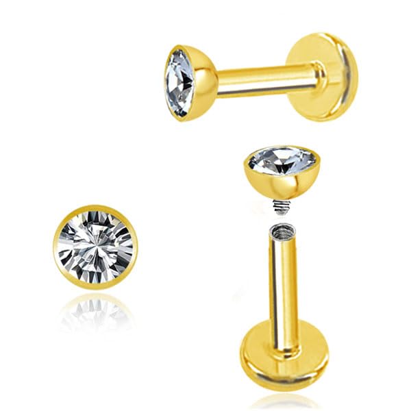 DENI2 piercings labret para tragus con piedra brillante zirconia cubica de 3mm de color dorado, tragus, oreja, palo corto 6mm y grosor 1,2mm.