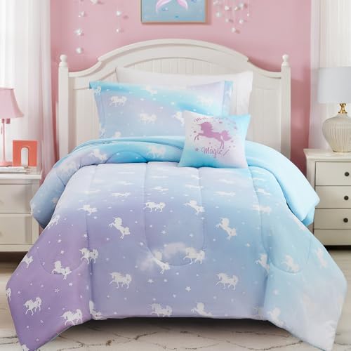 Wink Deer Twin Comforter Set for Girls-3 Pieces Unicorn Glow in the Dark Twin Bedding Sets for Kids 1 Comforter 1 Sham and 1 Decor Pillow