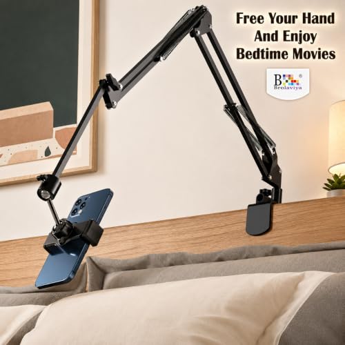 Image of BROLAVIYA No Shadow Overhead Video Mobile Stand with Extra Long Metal Arm,10 inch Selfie Ring Light, 2 Way Base clamp 1 /4 inch Adaptor for Camera, GoPro and Mobile Bracket for Desktop, Bedroom, Office