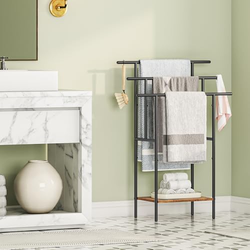 Miniatura 6 de Hoobro Toallero Independiente De 100 Cm De Alto Para Baño, Estante De Manta Escalonado De 3 Niveles Con Estantes, Estante De Secado Y Exhibición De Toallas De Baño De Gran, Negro Y Marrón Ebf50lb01