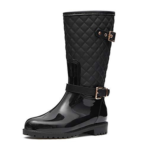CAMFOSY Rain Boots for Women, Womens Tall Rain Boots Knee High Boots Wide Width Waterproof Garden Shoes Rain Footwear with Buckle Stylish Lightweight Outdoor Work Shoes Riding Fishing Black 10 M US