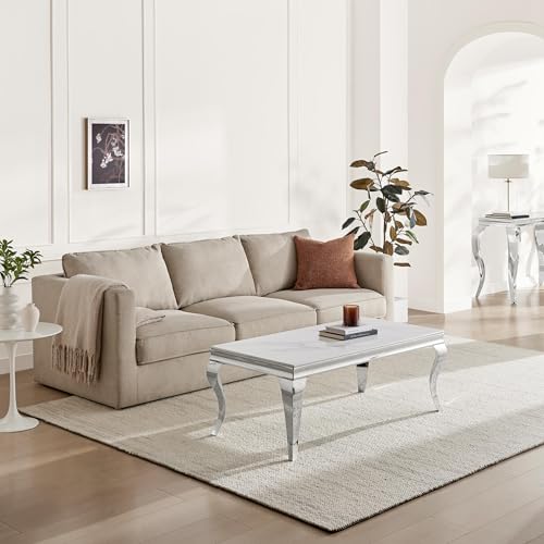 Furniturebox UK Living Room Furniture, Skye White Marble Effect Coffee Table, Bevelled Glass Top & Silver Stainless Steel Legs with Rococo Flair, Sleek Elegant Modern Table