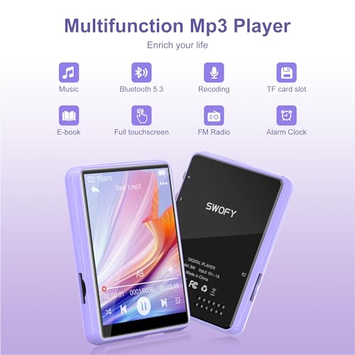 Image of MP3 Player Bluetooth 5.3 - SWOFY 64GB Mp3 Music Player with 2.4 inch Touch Screen, Portable Digital Audio Player with HD Speaker FM Radio, Recording Support up 512GB Purple