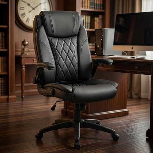 Image of DROGO Dominus Ergonomic Office Chair for Work from Home | Computer Chair for Study | PU Leather Executive Boss Chair with Flip-Up Armrest, Wide Cushion Seat (Black)