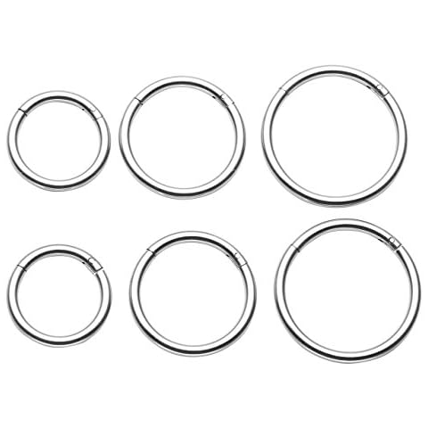 PiercingJ 6pcs 16G Stainless Steel Clip on Closure Round Ring Tragus Cartilage Nose Hoop Earring Hoop Septum Piercing 6-10mm Cover