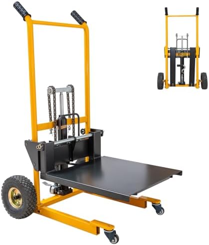 MMS Foldable Hydraulic Material Lift Winch Stacker, 450 Lbs 35.8" Max Lift w/ 9" Wheels 360° Swivel Casters, Pallet Truck Dolly, Fork Lift Table Cart, Pallet Jack, Removable Platform, Adjustable Forks
