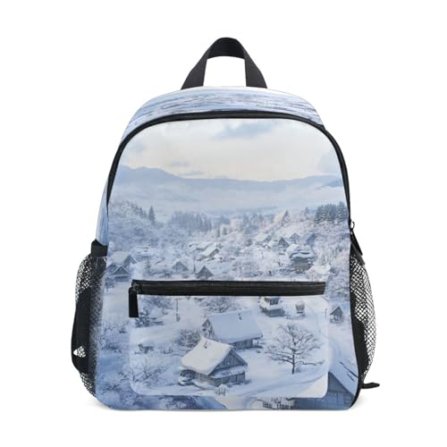 Snow-covered Town in Vermont Kids Sport Backpack Bottle Pockets Girls Student Books Bag for Airplane S