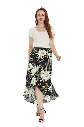 Matchable Couple Hawaiian Luau Shirt or Wrap Skirt in Wispy Cereus Black2