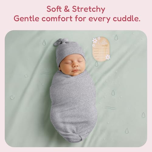 Image of Stretchy Swaddle Blanket for Newborns with Hat & Hello World Card-Soft Baby Swaddles 0-3 Months,47 inchx 47 inchSupersoft Swaddle Blanket,Receiving Blanket for Boys & Girls (Mix Grey)