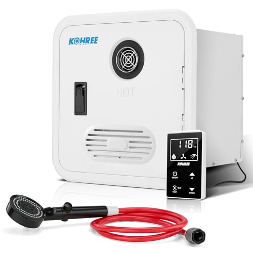 Image of Kohree RV Tankless Water Heater, Upgraded 60,000 BTU RV Water Heater with 15 x 15 inches White Door, Remote Controller and External Shower, 12V DC, On Demand Instant Hot Water Heater for RV Campers