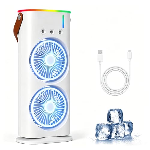 Bwaliffury Aire Acondicionado Portatil, Mini Enfriador de Aire Portátil, USB Mini Ventilador, Enfriador Evaporativo 280ml, 3 Velocidades, 3 Modos de Niebla, 7 Colores Luz, para Hogar, Oficina