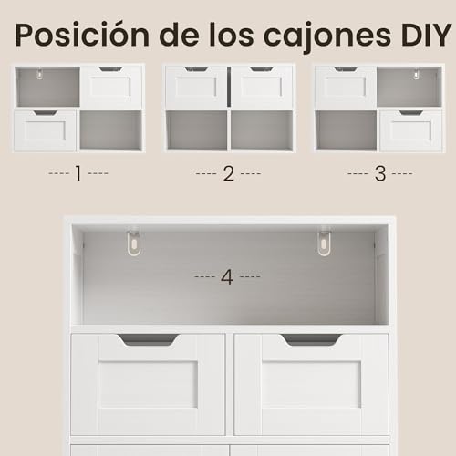 Miniatura 5 de Bealife Mueble De Baño, Armario De Piso, Armario De Almacenamiento Con 2 Puertas, 2 Cajones, Estante Ajustable, Para Baño, Pasillo, 60 X 30 X 108 Cm Blanco
