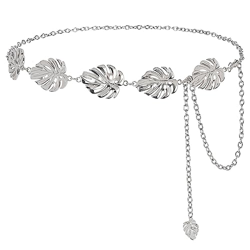 Monstera Leaf Silver Metal Western Chain Belt - Boho Fairy Witchy Body Jewelry for Women - Adjustable Waist Belt for Plant Moms, Ren Faire & Festival Style