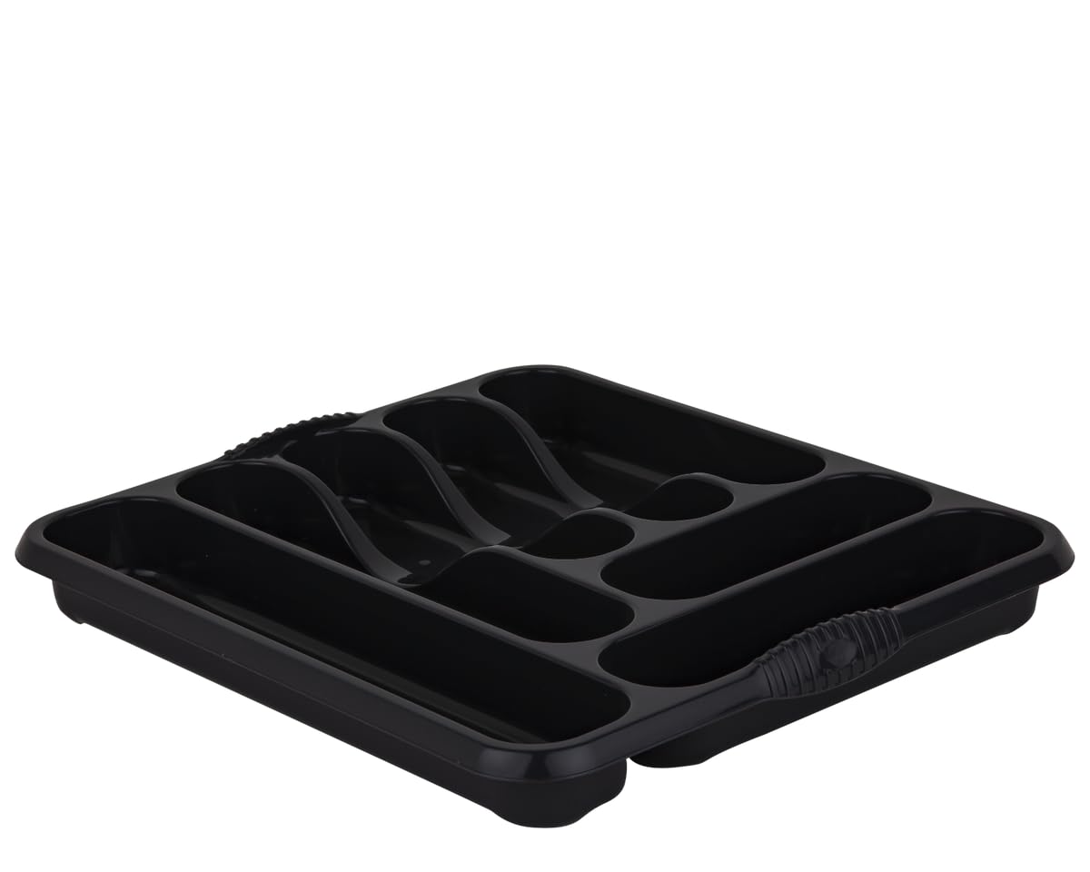 Almineez 7 Compartment Cutlery Tray Kitchen Drawer Organiser BPA Free Utensils Spoon Fork Holder Plastic Storage Rack Kitchen Tableware Flatware Multipurpose Divider Sliding Tidy