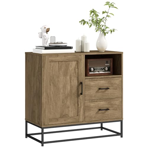 HOMCOM Credenza Soggiorno con 2 Cassetti e un Armadietto Regolabile, Mobile Soggiorno con Ripiano Aperto e Base in Metallo, Madia per Soggiorno, Cucina e Sala da Pranzo, 80x40x78 cm, Marrone