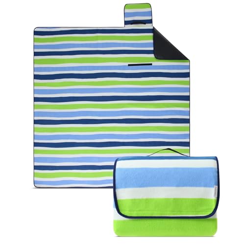 wometo eco-line nachhaltige Picknickdecke wasserdicht 200x200 100% recyceltes Fleece XXL Outdoor Gesteppte Campingdecke Stranddecke Streifen blau hellblau grün isoliert waschbar