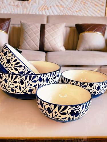 Image of Niyara Stoneware Handmade Ceramic Stylish Premium Serving Bowls /Salad Tray Microwave Dishwasher Safe Set of 4 (Blue & White Floral Print)