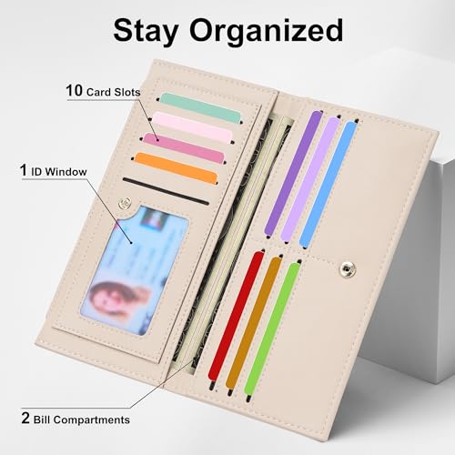Image of Tipmile Slim Wallet for Women, RFID Blocking Credit Card Holder, Ladies Bifold Wallet with Zipper, Beige