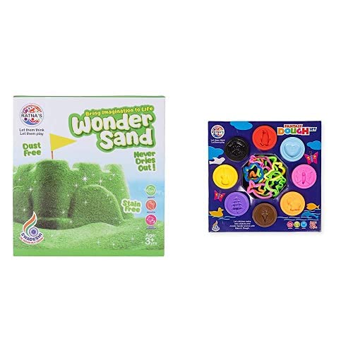 RATNA'S Wonder Sand 500 Grams for Play Smooth Sand for Kids (Green 500 Grams), ONE Big Mould Inside (Without Tray) and Fantasy Dough Clay 8In1