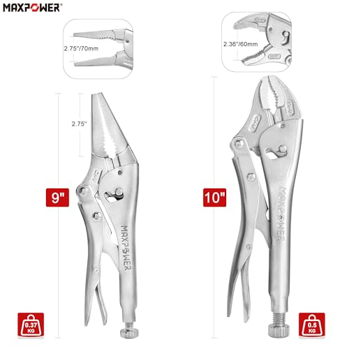 Image of MAXPOWER Locking Pliers Set, 9 inch Long Nose & 10 inch Curved Jaw Locking Pliers, Wide Opening Two-Position Opening Adjustment - 2 Pack
