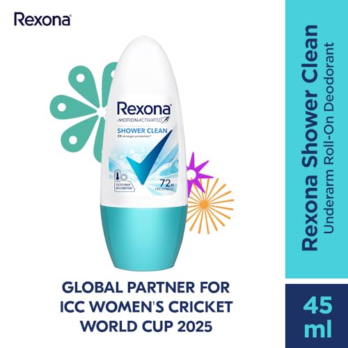 Image of Rexona Women Shower Clean Roll-On Motion Activated Deodorant | 72-Hour Freshness | MotionSense Technology | Alcohol-Free & Gentle on Skin | 45 ML