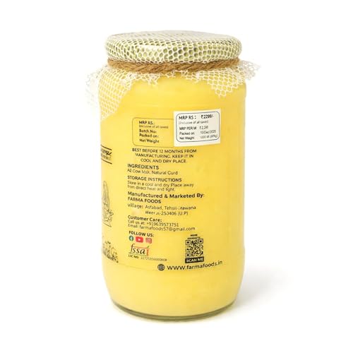 Image of FARMA FOODS A2 Desi Cow Ghee 1 Litre | Bilona Method Hand Churned | Traditional Pure Natural Ghee | No Preservatives | Farm Fresh Taste | Everyday Cooking Nutrition