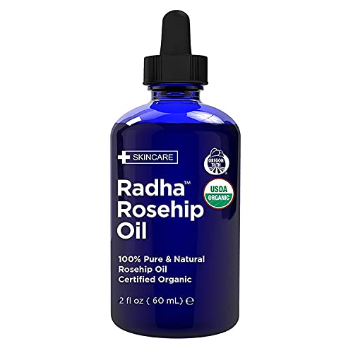 Radha Beauty USDA Certified Organic Rosehip Seed Oil, 100% Pure Cold Pressed - Great Carrier Oil for Moisturizing Face, Hair, Skin, & Nails - 2 fl oz