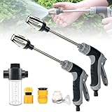 Garden Hose High Pressure Spray Gun - Long Rod Car Washing Nozzle with Foam Pot, 360° Adjustable Nozzle, 3 Hose Connectors, Powerful Water Blitz Pressure Washer Attachment (2 PCS)