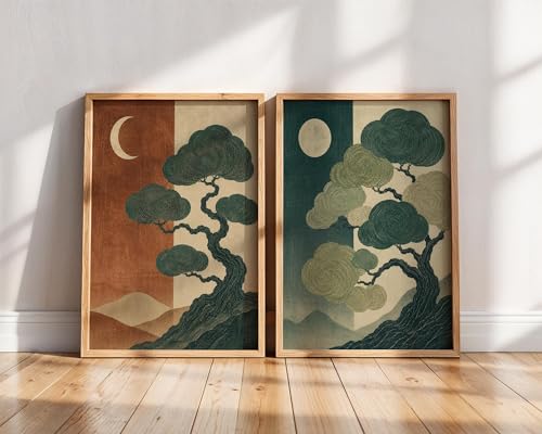 Toile Wabi Sabi Bonsai 70x110cm en lot de 2 avec cadre intérieur pour décoration