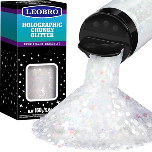 LEOBRO White Glitter 160g/5.64oz Holographic Chunky Glitter for Crafts Resin Nail Body Tumblers Party Decorations