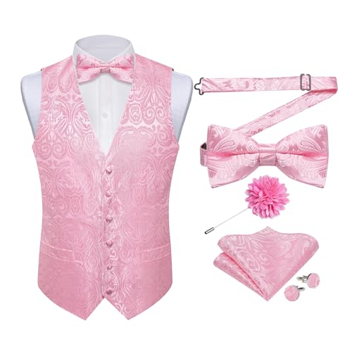 DiBanGu Silk Paisley Vest for Men Formal Suit Waistcoat and Bowtie Lapel Pin Set 7PCS Dress Vest for Suit or Tuxedo