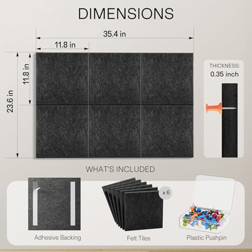Image of MaxGear Felt Bulletin Board 36 inch x 24 inch, Dark Gray Felt Wall Tiles Push Pins