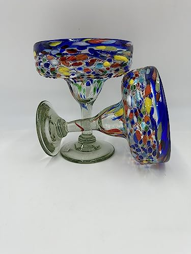 Set of 2 Blue Rim Margarita Glasses, Handblown in Mexico Strong & Sturdy Pebbled Glasses