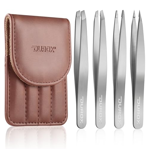 DUROX - 毛抜き、精密ピンセットの4本セット。先斜2、極細1、安全な鈍先ピンセット1。精密な作業が可能で、多機能。眉毛、Vライン、産毛、ムダ毛を取り除き、埋没毛処理や刺抜きに最適。収納ケースも付属しています。