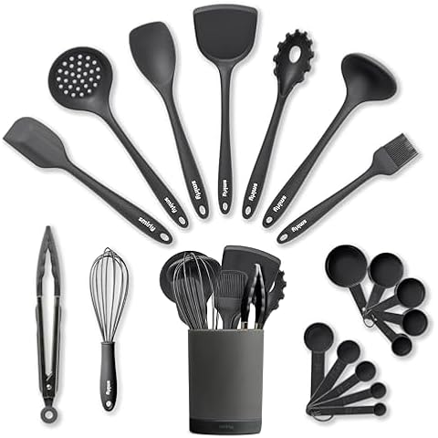 Silicone Kitchen Utensils Set & Holder: Cooking Utensils Set - Kitchen Essentials for New Home & 1st Apartment- Silicone Spatula Set, Cooking Spoons for Nonstick Cookware (Silicone, Grey) Cover
