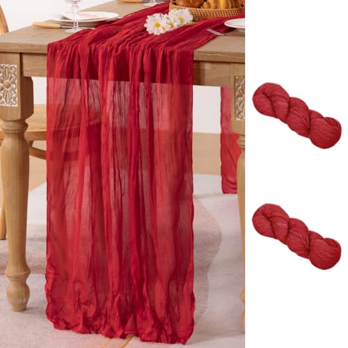 Image of MLMC 2 Pack Red Table Runner 10ft Boho Gauze Cheesecloth Table Runner Rustic Cheese Cloth Decor 35x120 Inches for Wedding Reception Annniversary Home Decor