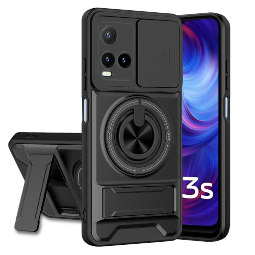 Image of Vivo Y33S Back Cover | Armor Camera Slider 360 Degree Rotating Finger Ring Holder Case with Bracket Stand Back Case Cover (Compatible with MagSafe Accessories) (Black)
