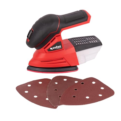 Cofan Lijadora Mouse a batería 20 V | Base de 100 x 140 mm | 11.000 rpm | Sistema de fijación por velcro | Incluye caja de polvo + 3 hojas de lija | Batería y cargador no incluidos