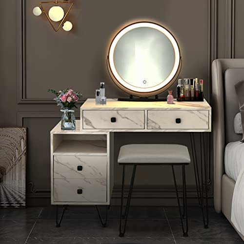 DORTALA Vanity Set, Wooden Makeup Dressing Table with 3 Colors Lighted Mirror & Stool, Left or Right Side Cabinet, Lipstick Storage Box, Large Storage Drawers, Bedroom Vanity Desk Set for Girls, White