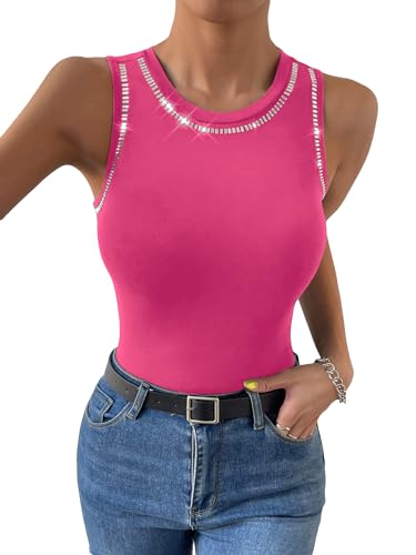 WDIRARA Women's Rhinestone Tank Top Sleeveless Summer Top Round Neck Tank Top Neon Pink S