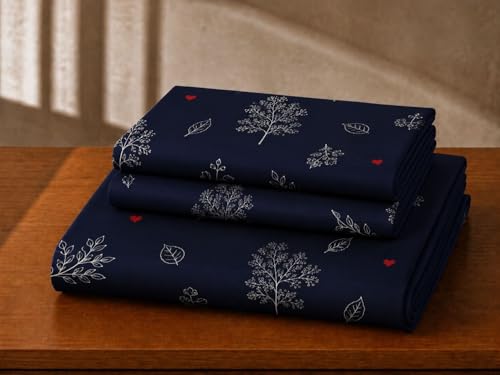 Image of Castiqa Elastic Fitted Supersoft Premium Polycotton 200TC King Size Bedsheet with 2 Pillow Covers (Fits up to 8 Inches Mattress) (Navy Tree, 72x78x8 Inch)