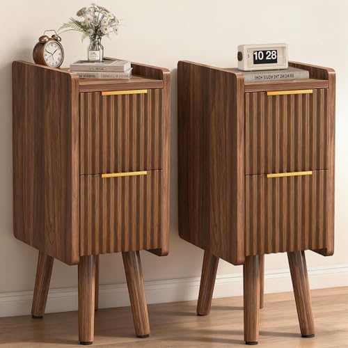 Image of 7.9 inch Narrow Fluted Nightstand Set of 2, 20.6 inch H Small Side Table, Walnut
