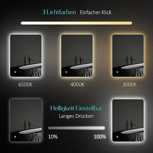 EMKE Badspiegel mit Beleuchtung 60 x 80 cm, 3 Lichtfarben dimmbar – Ansicht 3