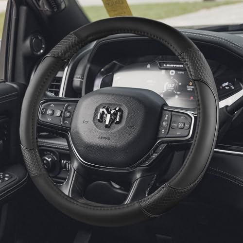 KEAIDAP Steering Wheel Cover for Dodge RAM 1500 2500 3500 - Premium Microfiber Leather Auto Car Accessory with Non-Slip Grip Rugged Durability & Interior Upgrade 15.5-16 inch (Black-Large Size)