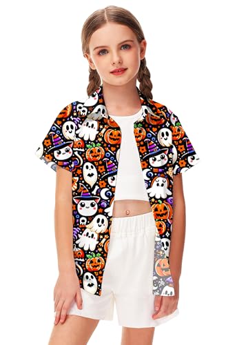 Image of Remimi Unisex Kids Halloween Shirt Boys Pumpkin Ghost Shirts Hawaii Button Up Tops 5-14 Years